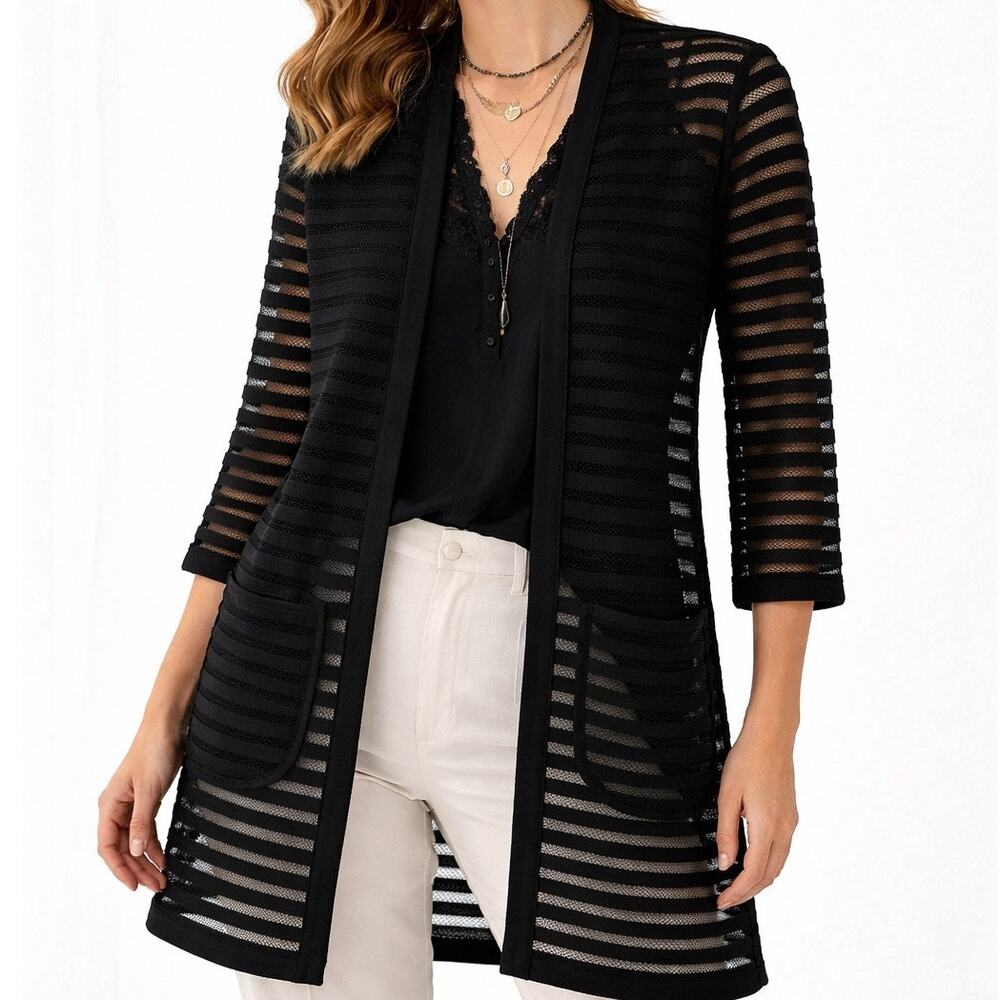 LOVIE Black Sheer Striped Longline Topper Jacket Medium Open Front Contemporary
